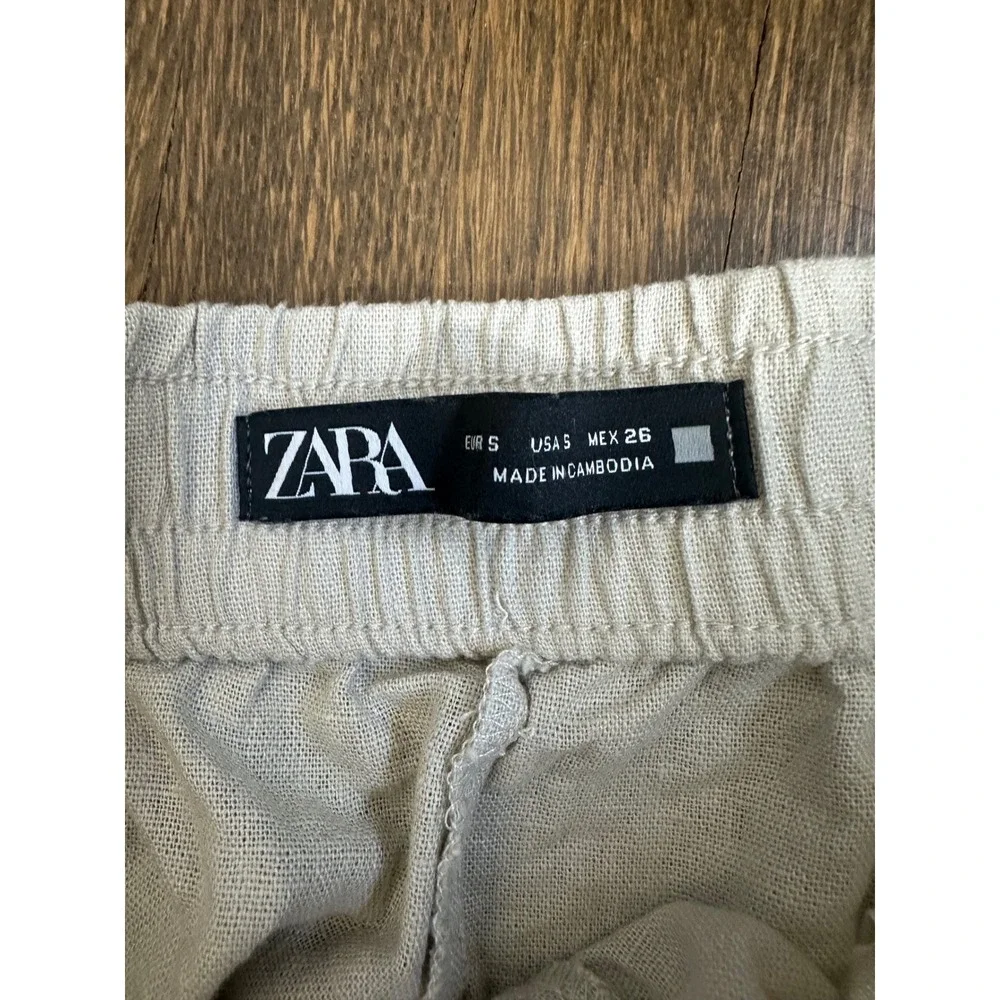 Zara Linen Blend Wide Leg Eyelet Embroidered Pants Beige Small Boho Trousers(48)